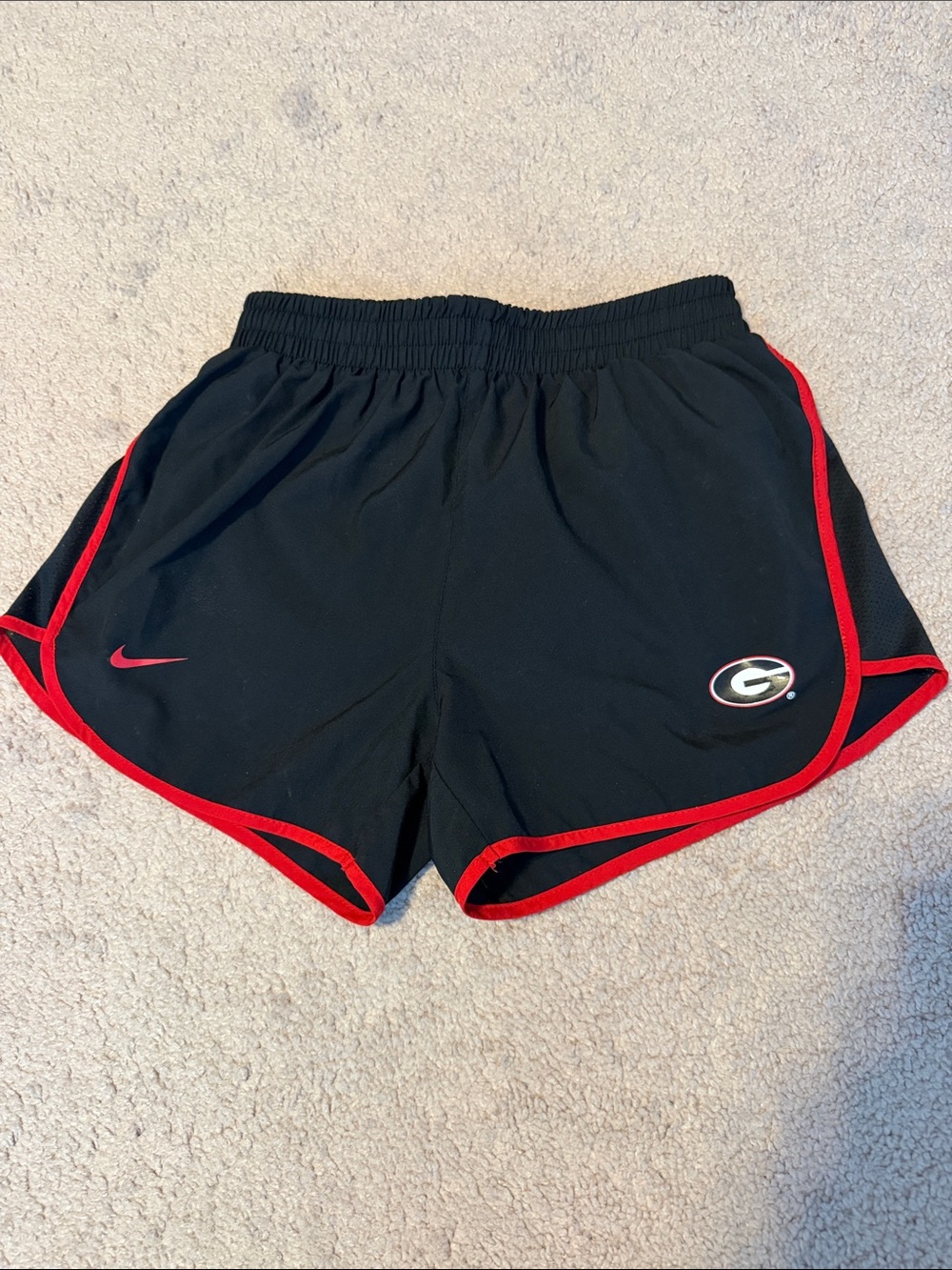 Nike Women's Black Athletic Shorts with Red Trim and Georgia 'G'